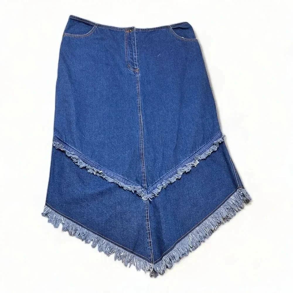 Jukebox Plus Womens Denim Fringe Pointed Western Skirt Plus Sz 16‎ Cowgirl Rodeo